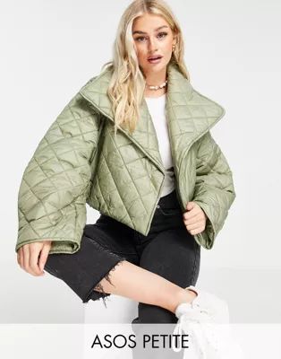 ASOS DESIGN Petite quilted cropped jacket in khaki | ASOS (Global)