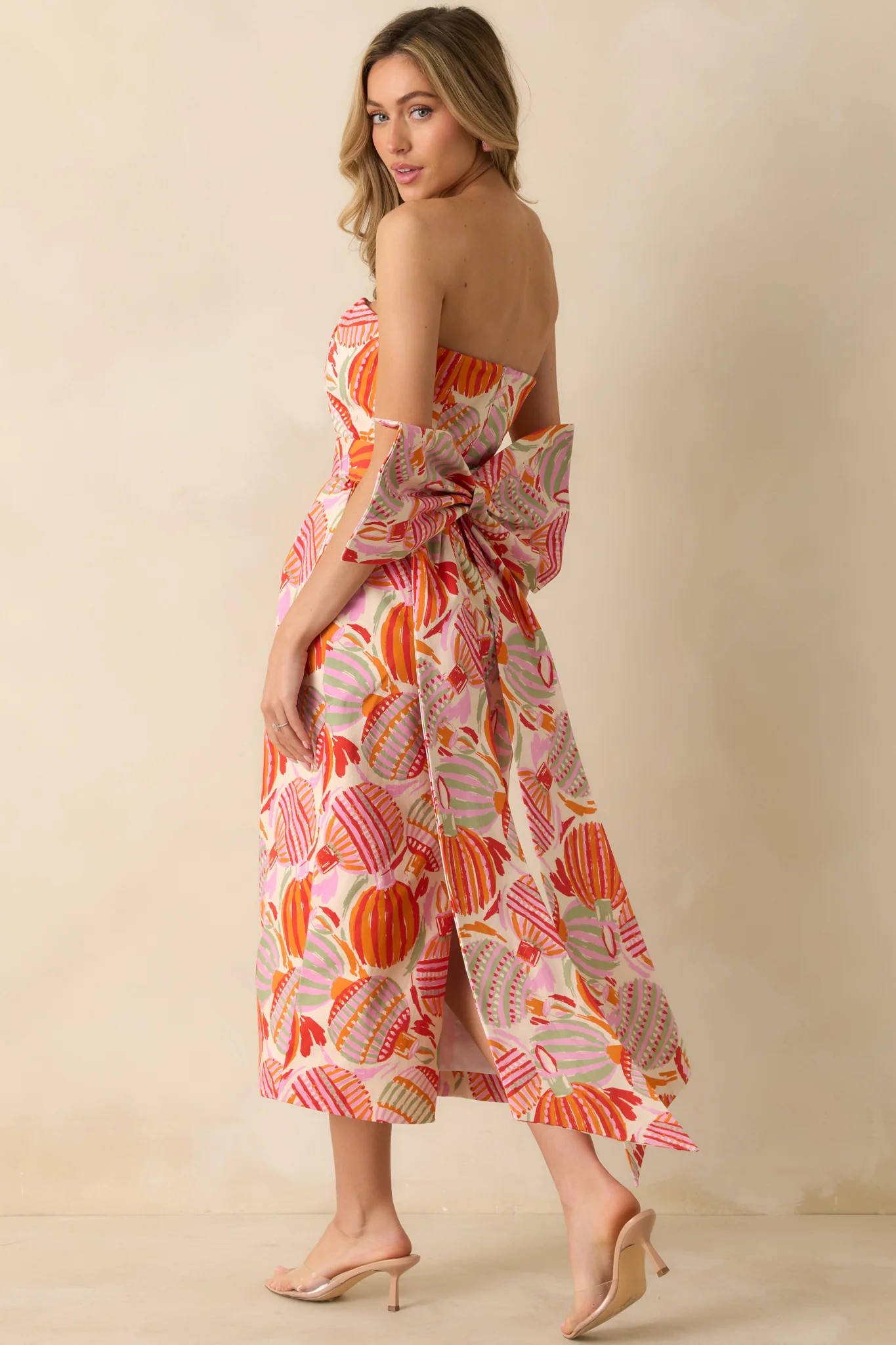 Prosperina Lisette Pink Multi Cotton Ornament Print Strapless Midi Dress | Red Dress