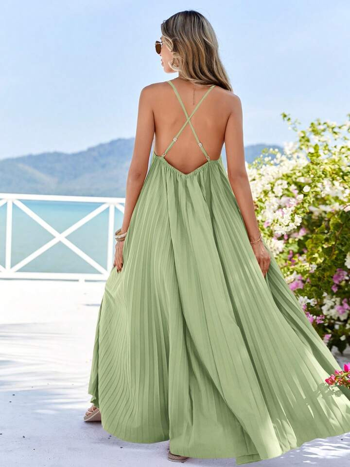 SHEIN VCAY Women Pleated Backless Simple Summer Casual Holiday Spaghetti Strap Dress | SHEIN