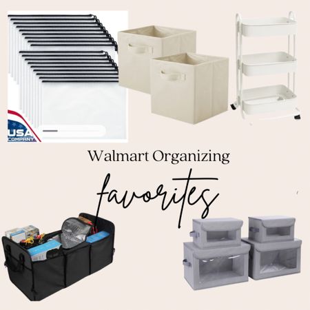 Organizing favorites from Walmart! I use that tiered cart for baby items, crafts, guest room extras. Zippered pouch, car organizer, fabric boxes, organizing cubes for playrooms, closets. 

#LTKunder50 #LTKhome