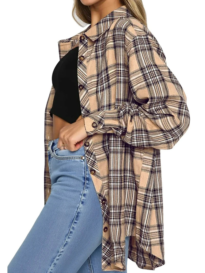 Fantaslook Plaid Flannel Shirts for Women Oversized Long Sleeve Button Down Shirts Blouses Tops | Walmart (US)