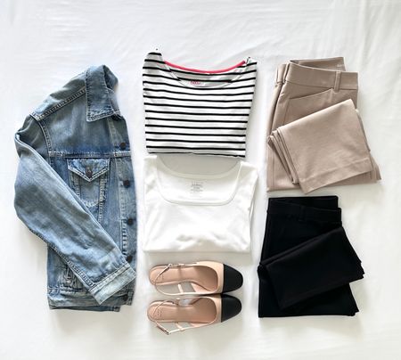Capsule wardrobe mix and match with a denim jacket and Chanel-inspired cap toe flats ✔️ 