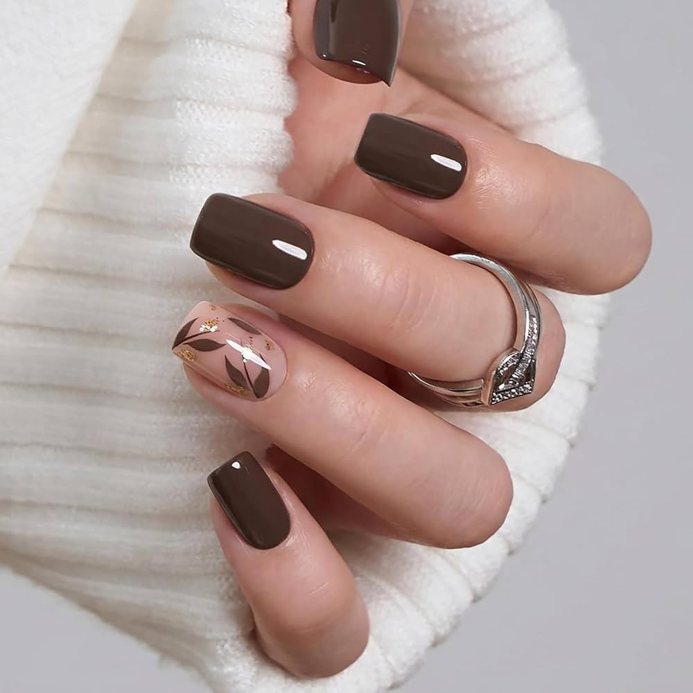 CurvLife Short Square Floral Fall Press On Nails, Botanical Brown, Soft Gel | Amazon (US)