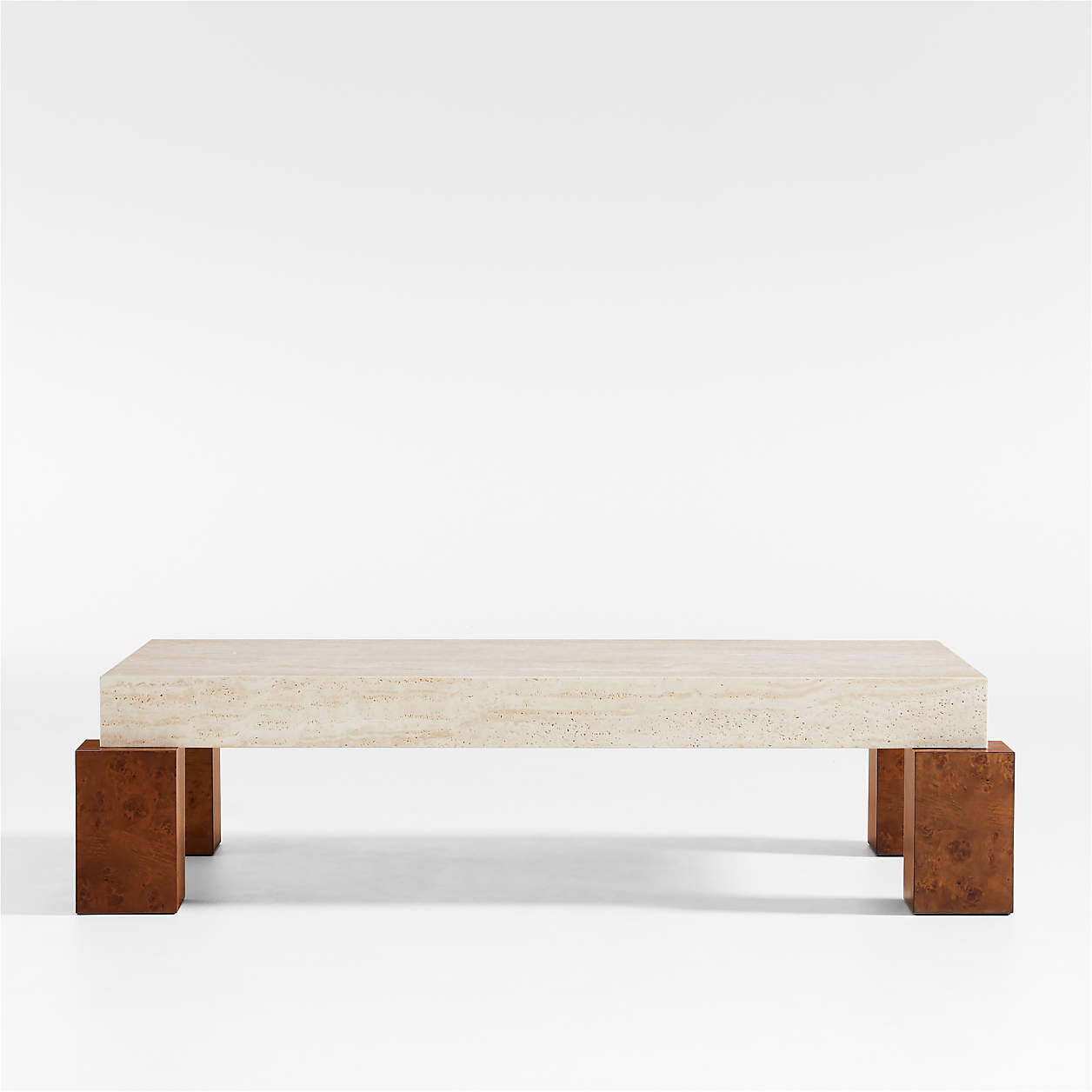 Dualité Travertine and Burl Wood Block Leg 53" Coffee Table by Athena Calderone + Reviews | Crat... | Crate & Barrel