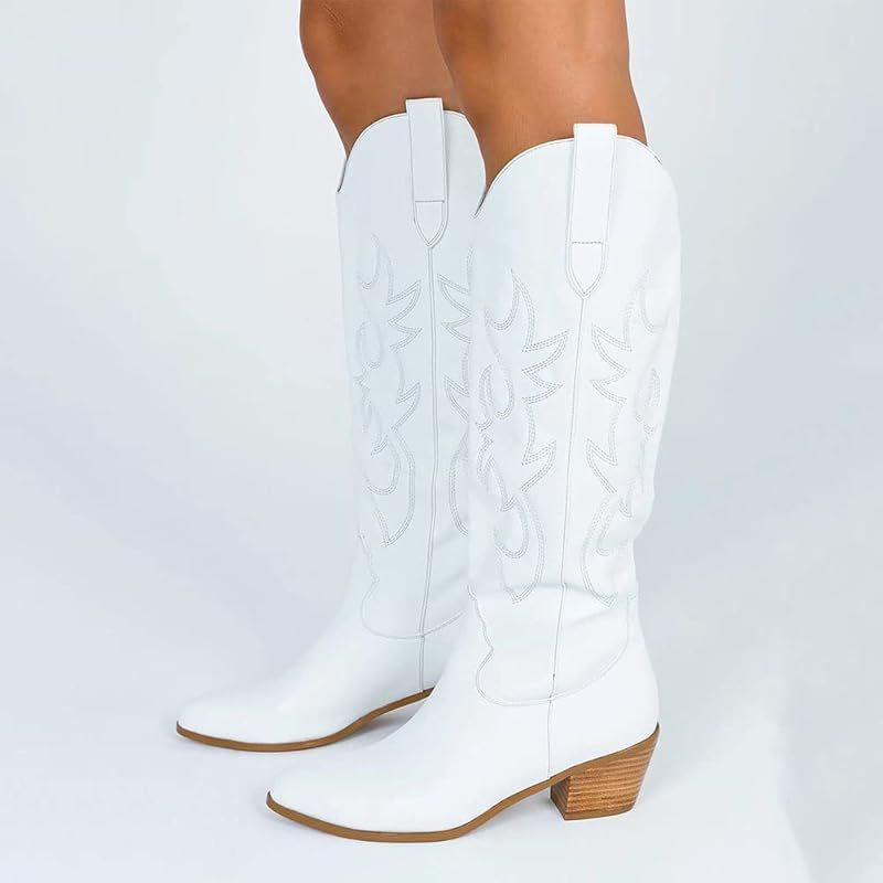 Erocalli Cowboy Boots for Women Embroidered Pull-On Chunky Stacked Heel Cowgirl Knee High Western Bo | Amazon (US)