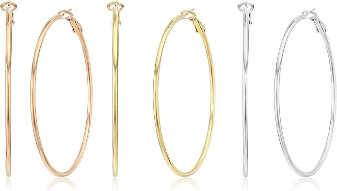 3 Pairs Big Hoop Earrings, Stainless Steel Hoop Earrings in Gold Plated Rose Gold Plated Silver f... | Amazon (US)