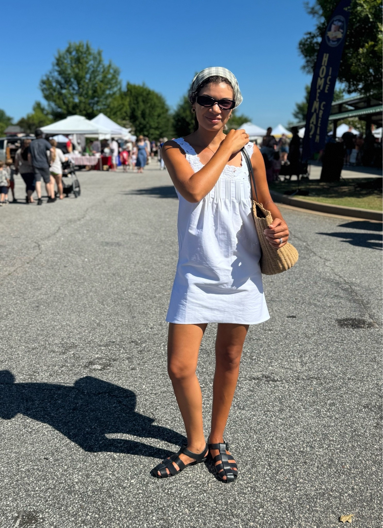 Farmers market fit: white dress, fisherman sandals, sunglasses, gingham head scarf, and large straw tote bag!

#LTKootd #LTKdayinmylife
