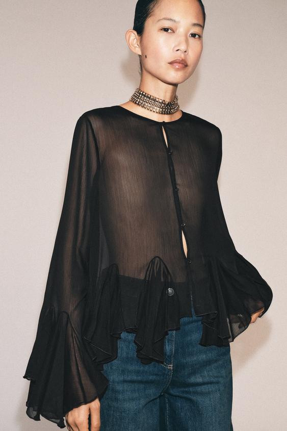 Zara - Zw Collection Flowy Ruffle Shirt - Black - S - Woman | Zara US