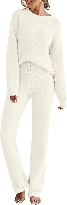 MEROKEETY Womens Pajama Sets 2026 Fall Lounge Sweater Set Cute Fuzzy Fleece 2 Piece Long Sleeve C... | Amazon (US)