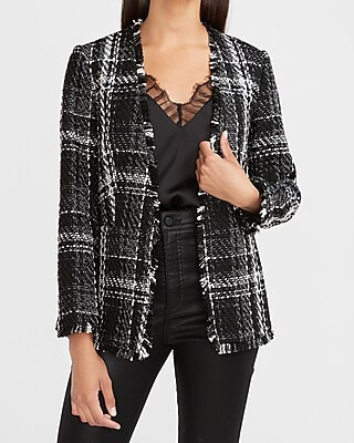 Plaid Collarless Boucle Blazer | Express