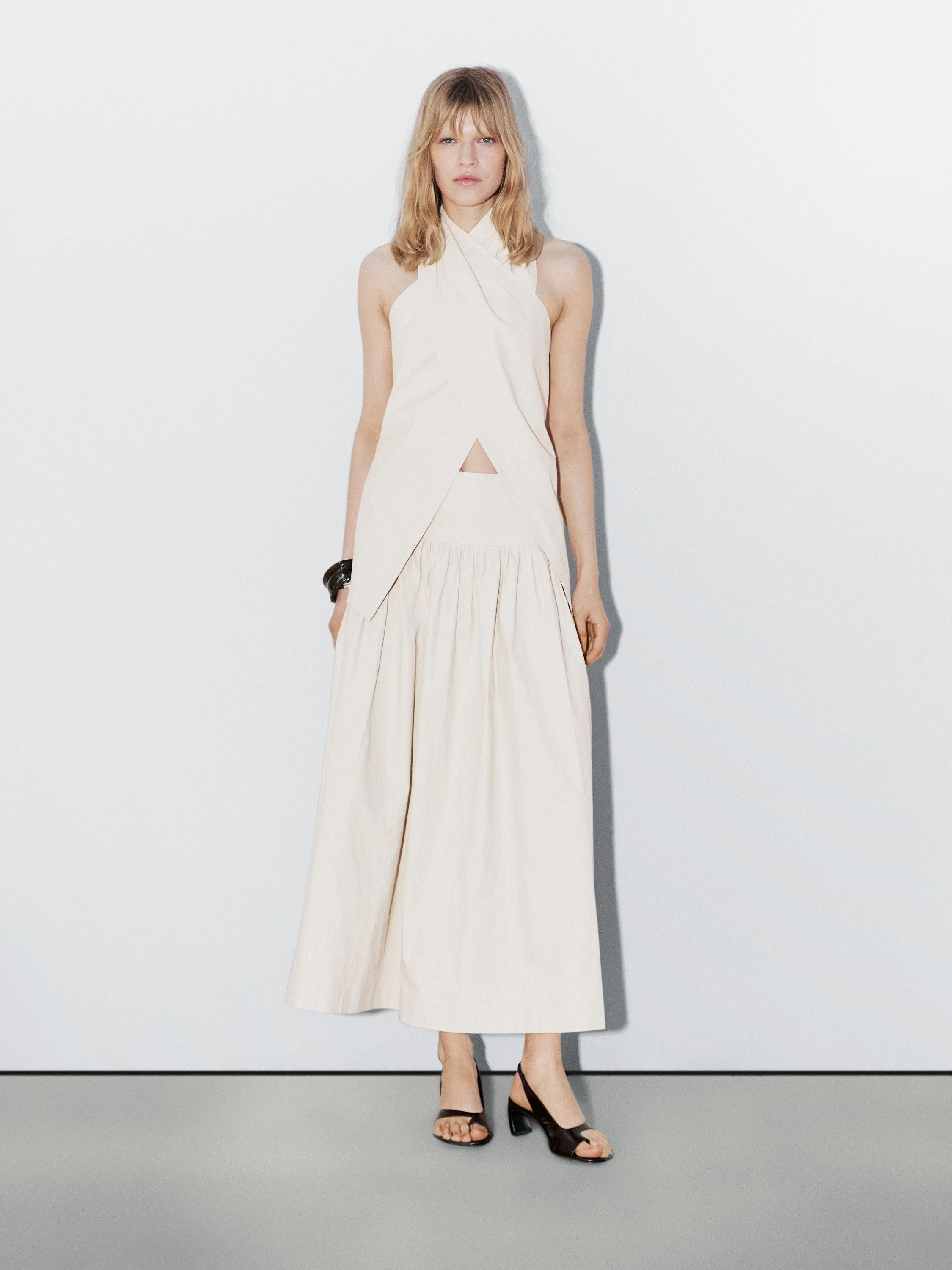 100% linen midi skirt with yoke - STUDIO | Massimo Dutti UK