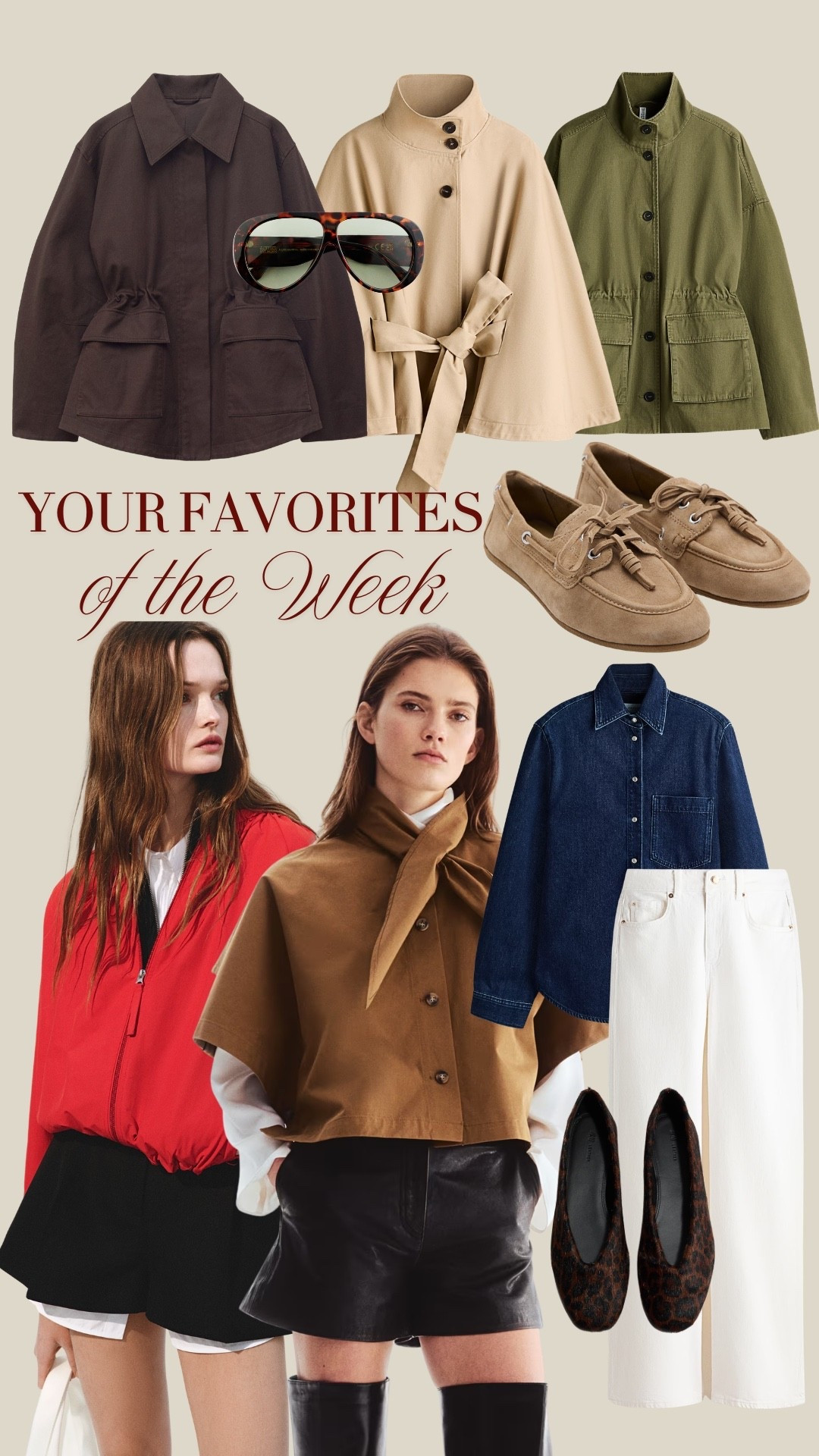 BESTSELLERS OF THE WEEK ✨ Your most loved pieces of the week ✨ TAGS:  beige cape, khaki jacket, khaki trench, chocolate brown spring jacket, red soft hacket, scarf-cape, denim shirt, white wide leg jeans, leopard print ballet flats, suede leather beige loafers, brown sunglasses 

#LTKstyletip #LTKspringtrends #LTKspring