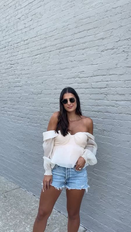 Revolve - strapless top - spring fashion - vacation outfit - styling jean shorts - girl chic outfit - classic feminine style - off the shoulder top - denim shorts

#LTKunder100 #LTKSeasonal #LTKstyletip
