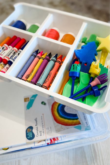 Art supply storage. Toddler art box with crayons, markers, paint, and painting accessories 

#LTKtravel #LTKkids #LTKhome