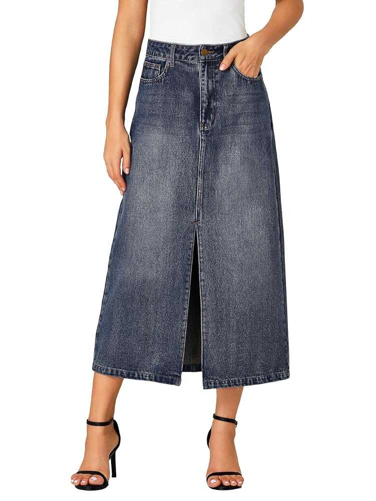 Rooscier Women's High Waisted Jean Skirt Casual Split Denim Midi Skirt with Pockets | Amazon (US)