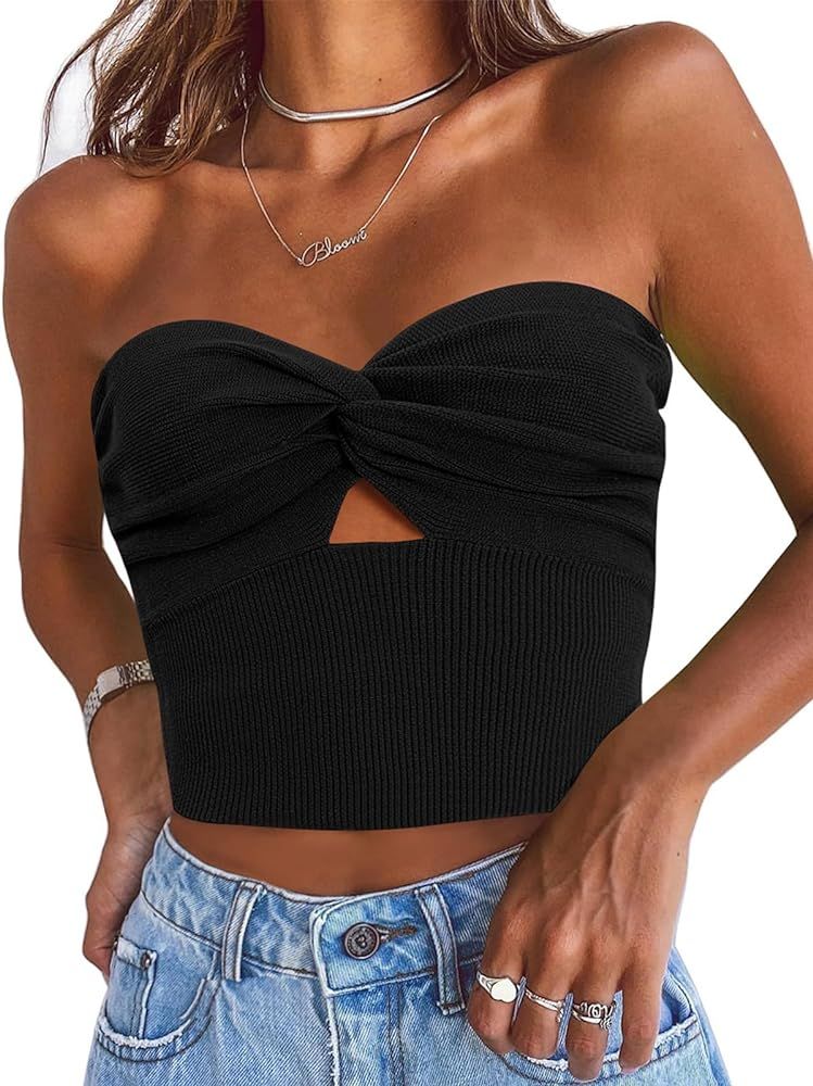 EFAN Womens Tube Tops Going Out Cut Out Twist Knot Front Bandeau Ribbed Knit Y2K Strapless Tank B... | Amazon (US)