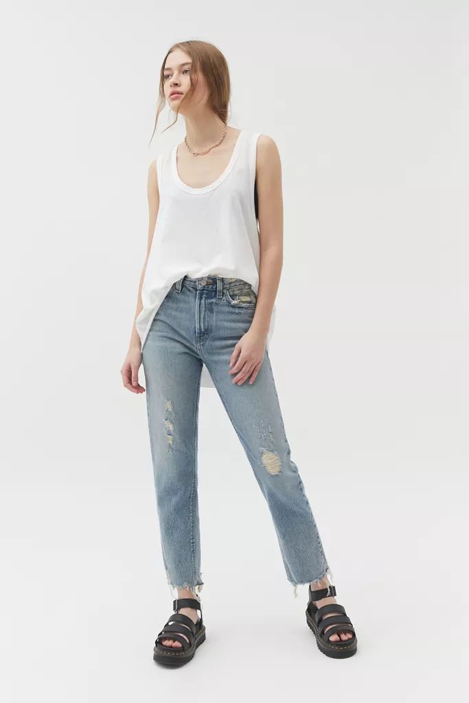 BDG High-Waisted Slim Straight Jean – Destructed Light Wash | Urban Outfitters (US and RoW)