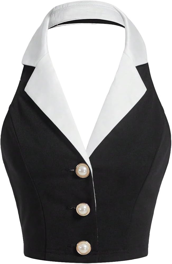 Women's Colorblock Sleeveless Turndown V Neck Collar Button Front Backless Slim Fit Crop Halter T... | Amazon (US)