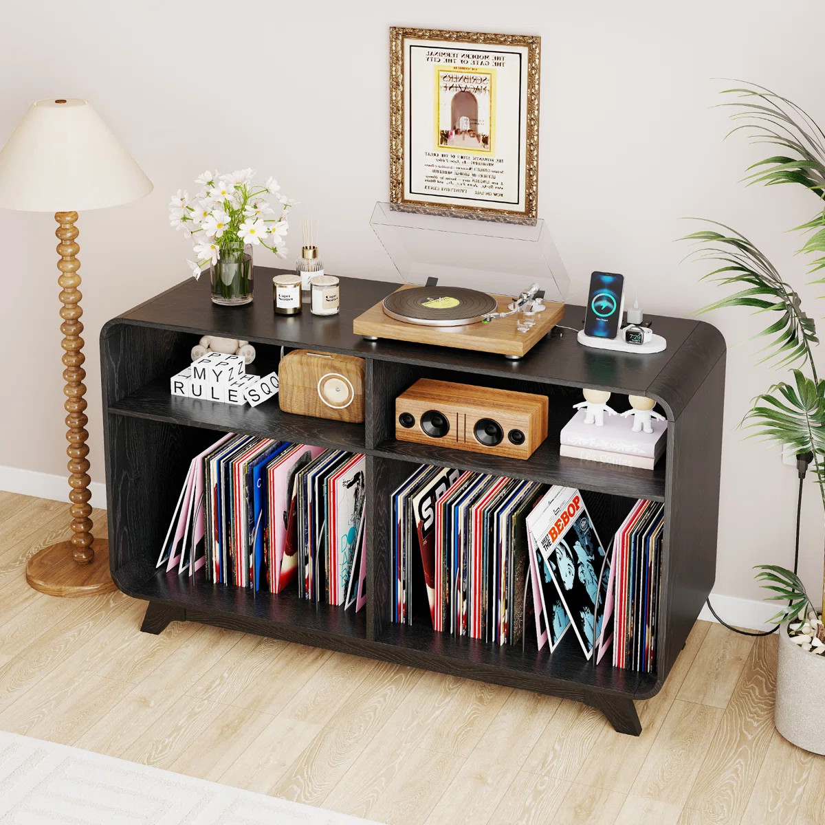 Curved Record Player Stand With Storage, Turntable Stand With Charging Station & Usb Ports | Wayfair North America