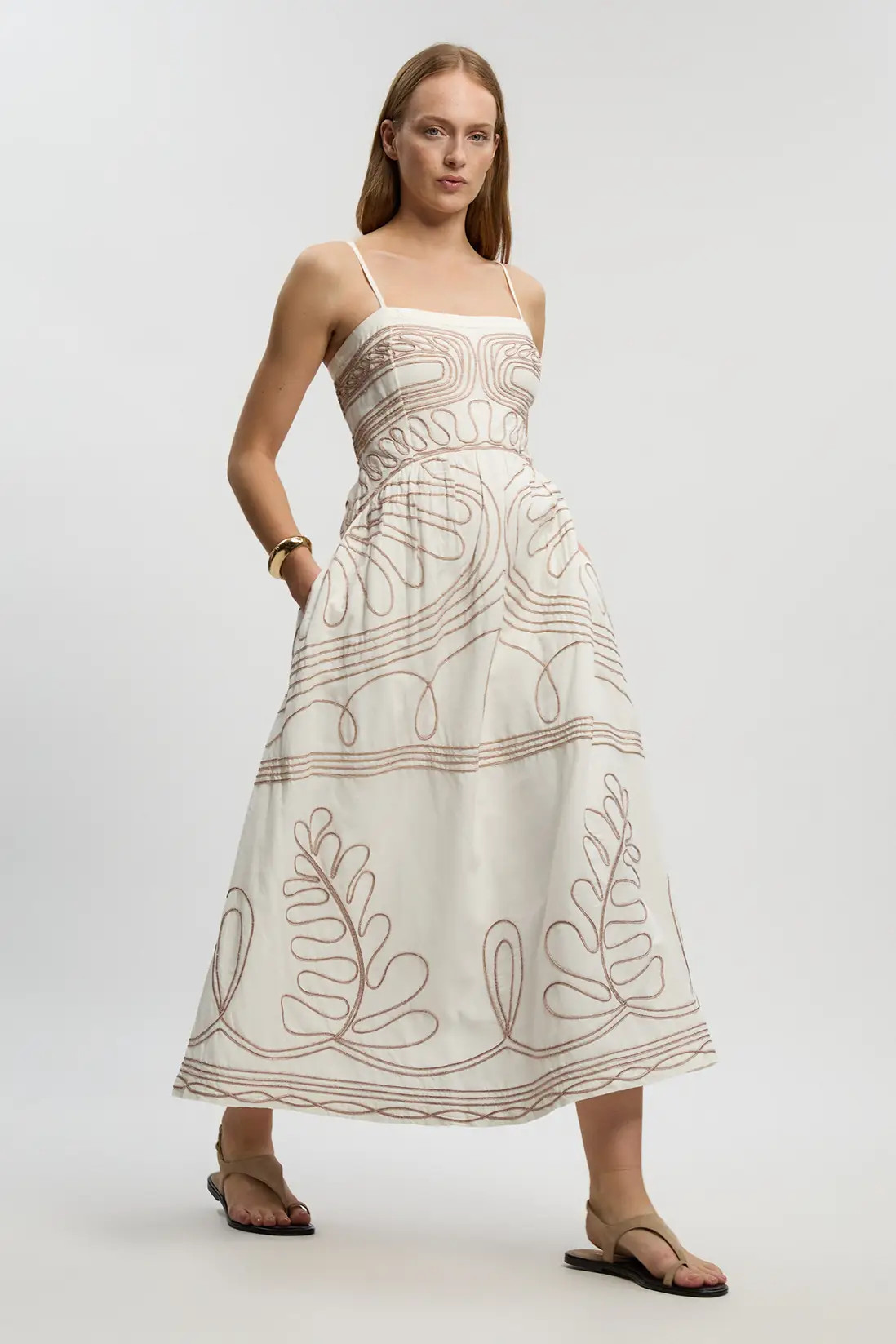 Cotton Linen Cornelli Embroidered Strappy Woven Midi Dress | Karen Millen