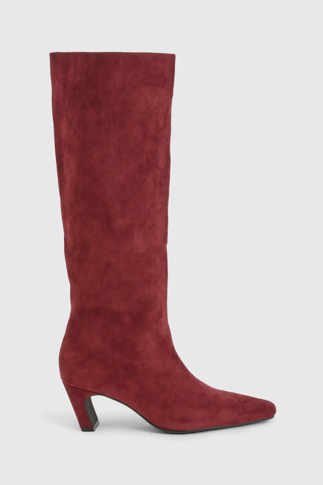 Faux Suede Flared Heel Column Pointed Knee High Boots | Boohoo.com (UK & IE)