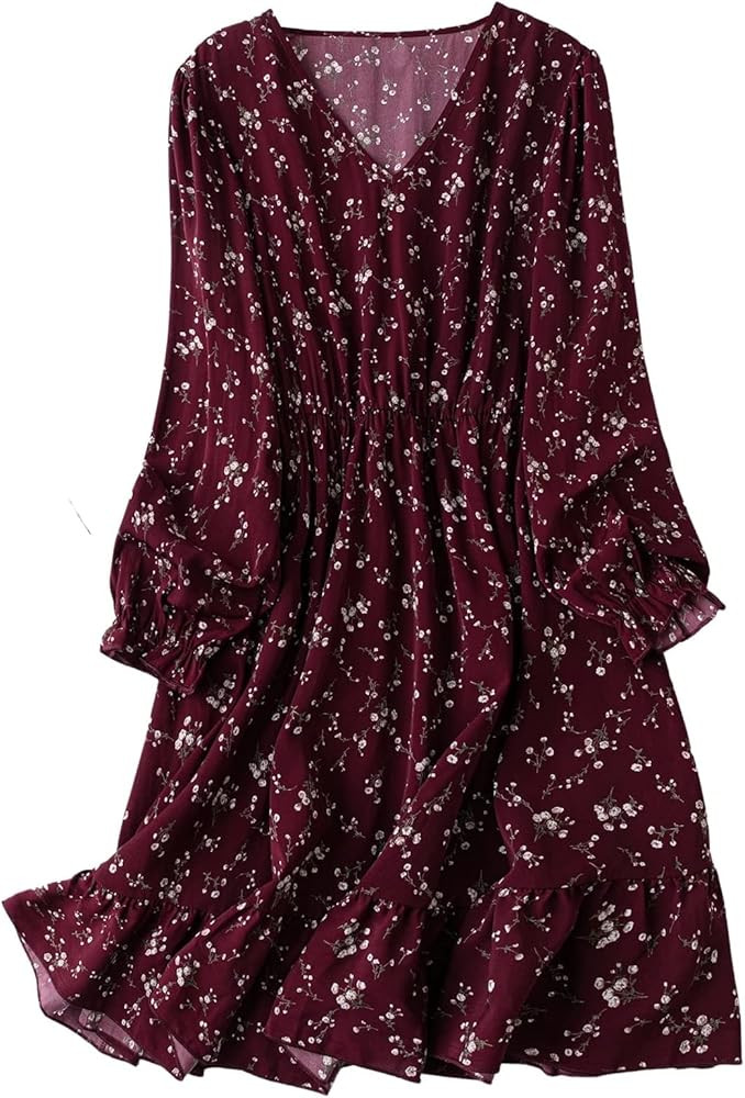 Women's Plus Size Ditsy Floral Print V Neck Ruffle Sleeve A Line Short Dress | Amazon (US)