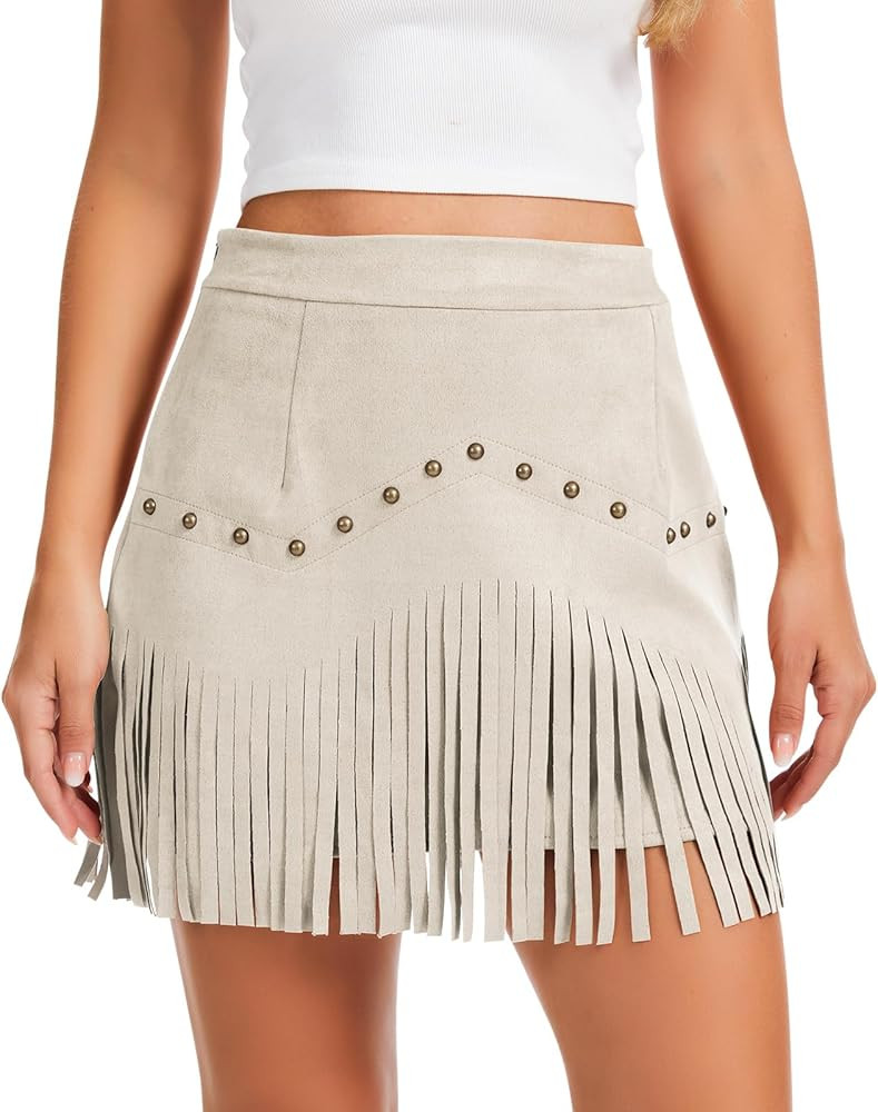 Western Cowgirl Fringe Skirt,High Waisted Mini Suede Skirts,Country Concert Rave Festival Booty T... | Amazon (US)