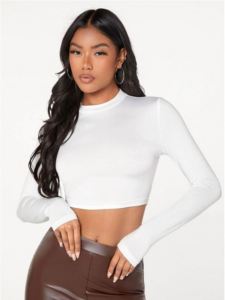 Mega Loja do Bras cropped Top Feminino Gola Alta Manga Longa | SHEIN