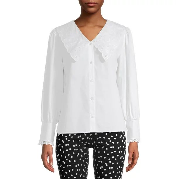 Status by Chenault Women's Poplin Top with Lace Collar | Walmart (US)