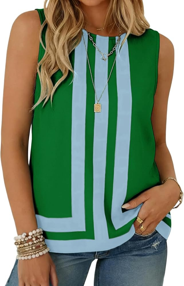 Watashi Women Color Block Sleeveless Blouse Summer Crewneck Geometric Striped Loose Fit Casual Tank Top(Green-M) at Amazon Women\u2019s Clothing store color block | Amazon (US)
