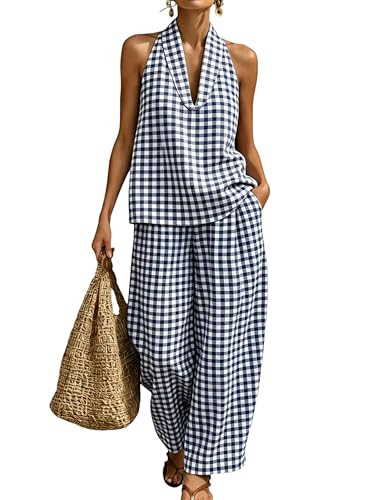 QIBABU Womens Summer Gingham 2 Piece Set Halter Neck Sleeveless Top Pant Sets Casual Cotton Loung... | Amazon (US)