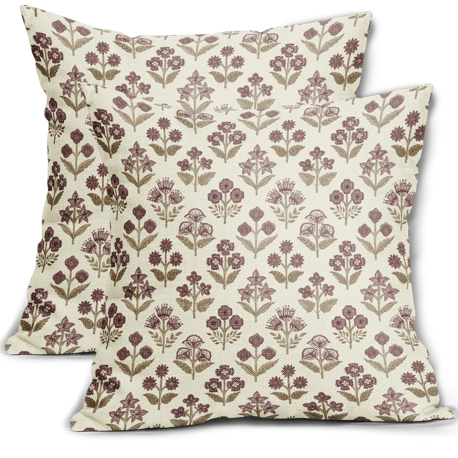 Brown Burgundy Red Floral Block Print Pillow Covers 18x18 Inch Set of 2, Vintage Flower Pattern D... | Amazon (CA)
