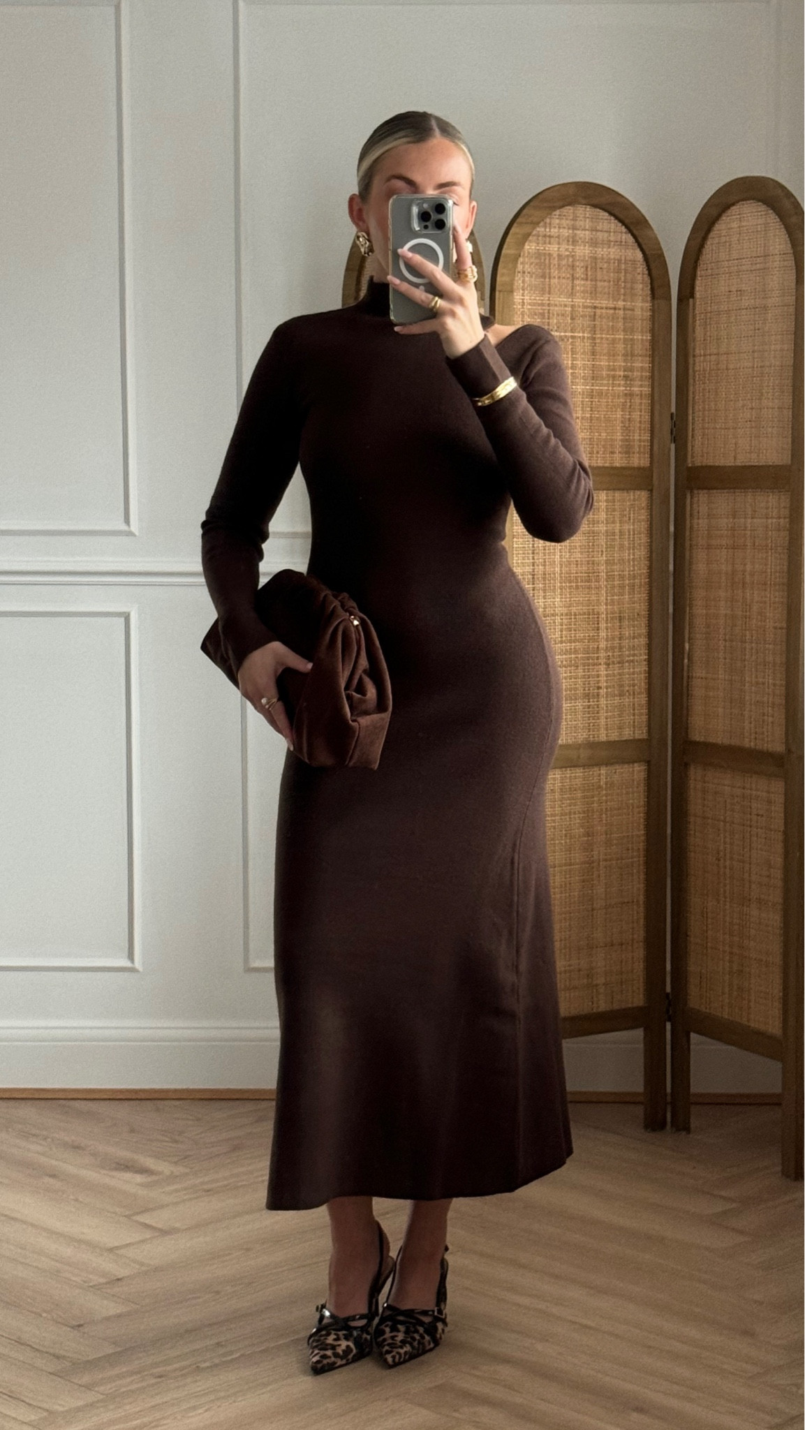 Autumn outfit, transitional outfit, River Island outfit, long sleeve midi dress, clutch bag, leopard print heels, gold jewelry 

#LTKautumn #LTKstyletip #LTKuk