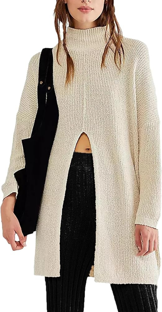 Oversized Sweater for Women Fall Casual Loose Mid Long Pullover Sweater Ribbed Knit Slit Sweater ... | Amazon (US)