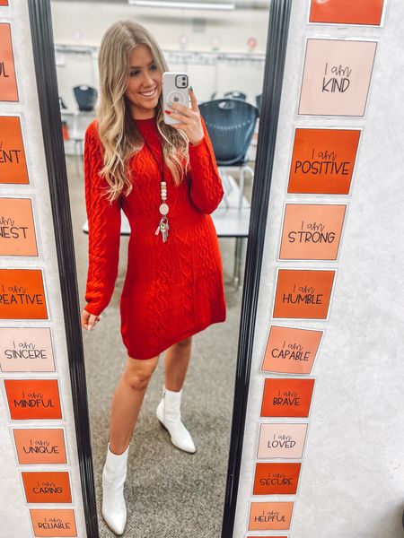 Teacher outfit!
Red sweater dress: true to size, wearing my usual size M
White boots: size up half 

| holiday outfits | work outfits | teacher outfits | Christmas outfits 

#LTKworkwear #LTKfindsunder100 #LTKSeasonal