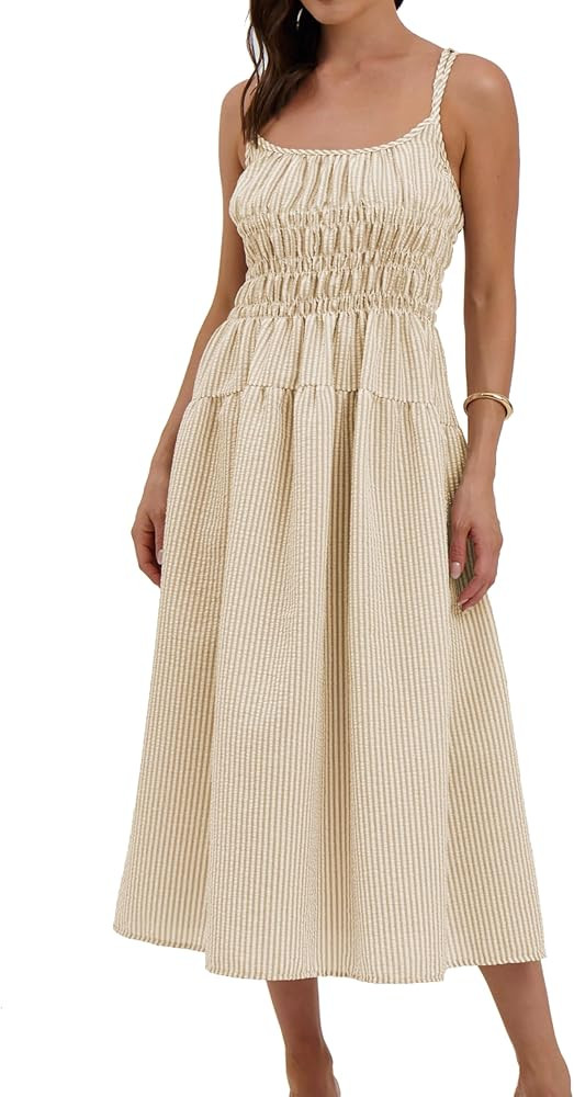 Women's 2025 Summer Striped Smocked Maxi Dress Sleeveless Boho Sundress Double Strap Flowy Swing ... | Amazon (US)