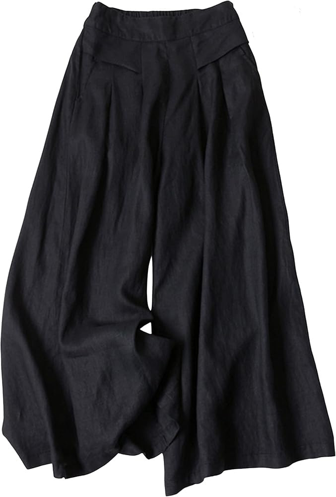 Hooever Women's Cotton Linen Culottes Pants Elastic Waist Wide Leg Palazzo Trousers Capri Pant | Amazon (US)