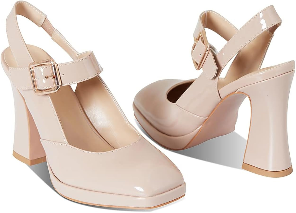 EQAUDES Platform Mary Janes Chunky Block High Heel Sandals for Women Square-toe Ankle Strap Heels... | Amazon (US)