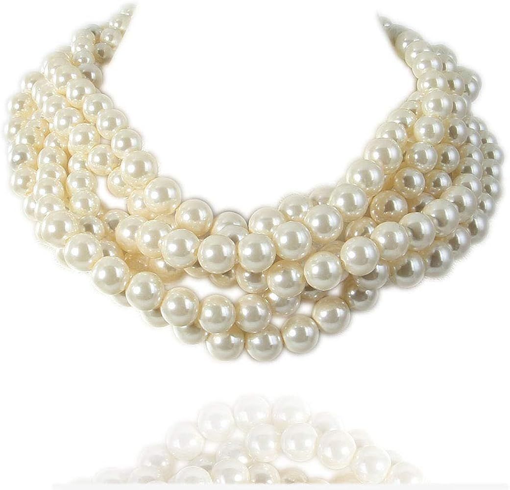 Kalse Simulated Pearl Cluster White Beads Twisted Statement Chunky Bib Short Choker Necklace | Amazon (US)
