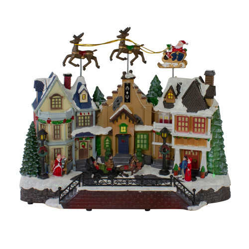 LED Lighted and Animated Christmas Village with Flying Sleigh Decoration - 16" | Christmas Central