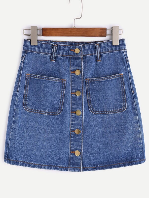 Single Breasted Dual Pockets Denim Skirt | SHEIN