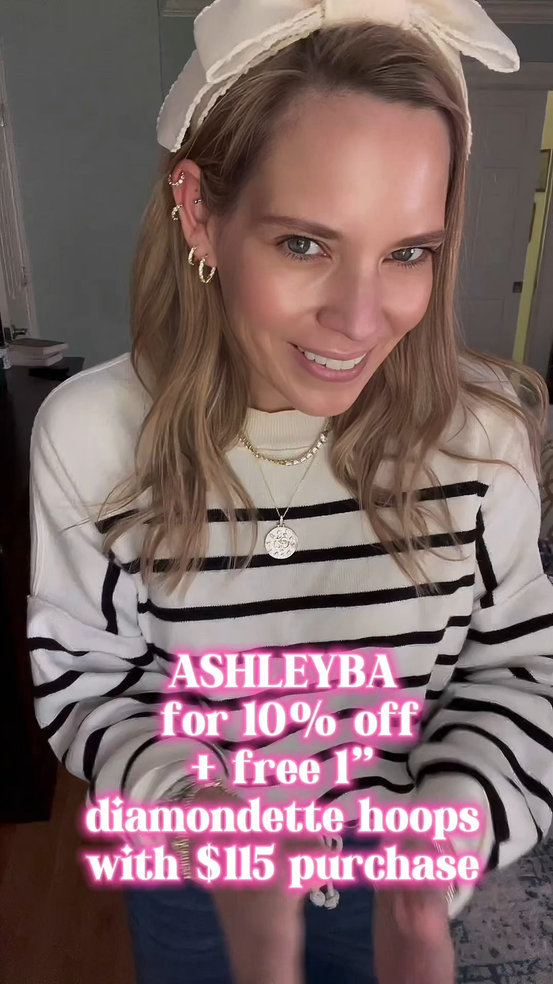 Use code ASHLEYBA for 10% off all Melinda Maria jewelry + FREE 1” Diamondette Hoops with purchase through 4/15! ✨💎

This classic-meets-coastal outfit is all about comfort, polish, and a touch of sparkle 🖤🤍🌊. I’m wearing a lightweight striped sweater, wide-leg denim with a drawstring waist, and the ultimate spring accessories — including a bow headband, leopard heels for a pop of print, and Melinda Maria favorites that elevate it all ✨👜

Melinda Maria Jewelry Details:
	•	Coin pendant necklace with celestial sparkle 🌙✨
	•	Tennis choker layered for just the right amount of glam 💫
	•	Stacked rings in gold + diamondette for that “collected over time” look 💍
	•	Tennis bracelets on repeat — classic, polished, and versatile
	•	1” Diamondette Hoops — FREE GWP through 4/15!

Styled with an engraved Abbott Lyon watch, a beaded Coach camera bag, and playful layers that keep the look cool, coastal, and put together for errands, brunch, or travel days.

wide leg jeans outfit spring, classic striped sweater look, elevated casual outfit 2025, coastal chic spring fashion, Melinda Maria coupon code, free gift with purchase jewelry, everyday jewelry stack, tennis bracelet layered look, Coach camera bag with beaded strap, leopard heels outfit, casual glam outfit idea

#LTKFindsUnder50 #LTKFindsUnder100 #LTKWatchNow