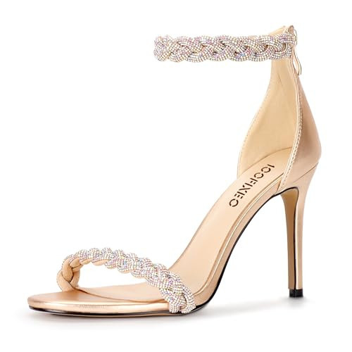 100FIXEO Women's Rhinestone Open Toe Stiletto Heeled Sandals Elegant Ankle Strap Wedding High Heels Sexy Dressy Shoes (champagne,9) | Amazon (US)