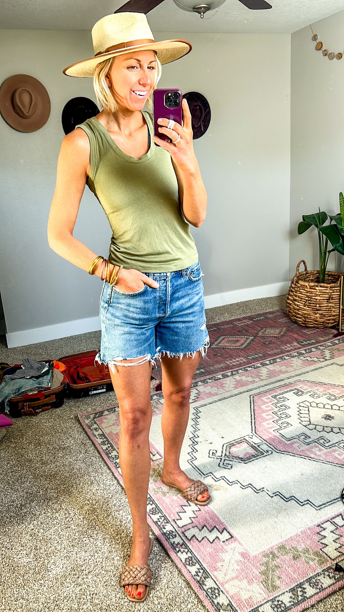 What to pack for a warm vacation: 
denim shorts, basic tank, slides, sun hat 

#LTKstyletip #LTKSeasonal #LTKFind