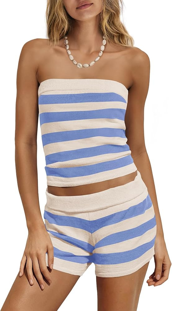 Nirovien Womens Striped Lounge Sets Summer Beach Sets Strapless Tube Tops and Shorts Sets 2 Piece... | Amazon (US)