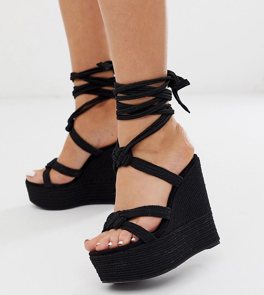 ASOS DESIGN Wide Fit Will Power tie leg rope wedges in black | ASOS (Global)