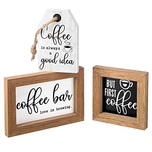 3 Pieces Coffee Bar Decor Sign But First Coffee Wood Sign Mini Farmhouse Wall Rustic Wooden Art Plaque Bar Tabletop Shelf Accessories for Tier Tray Decor Home Office Kitchen | Amazon (US)
