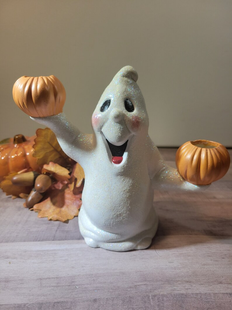 Sparkly Ghost With Pumpkin Candle Holders, Halloween Décor, Ceramic, Vintage - Etsy | Etsy (US)