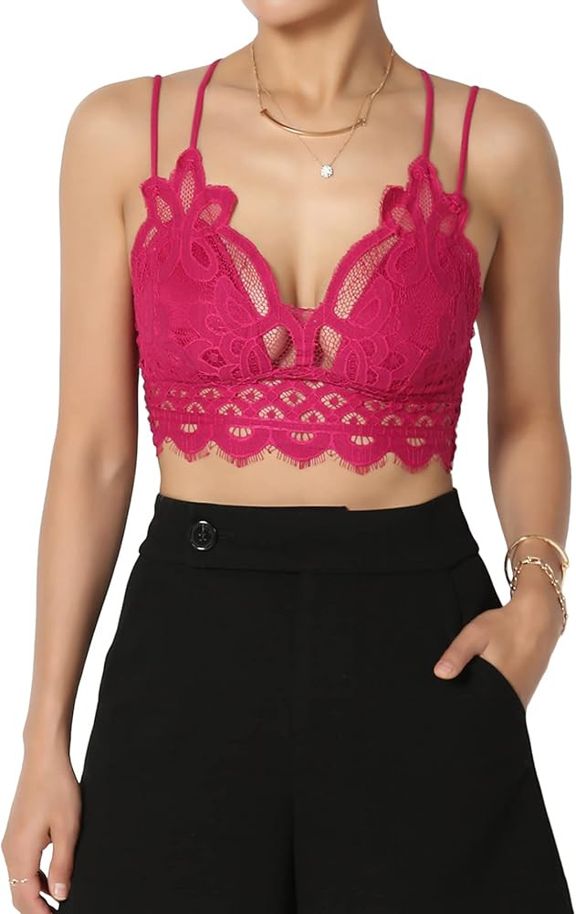 TheMogan Cross Strap & Stretchy Smocked Back Crochet Lace Bralette Pad Bra Top | Amazon (US)