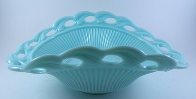 Vintage Fostoria Betsy Ross Wistar Aqua Blue Milk Glass Lace Edge Oval Bowl 11" | eBay US